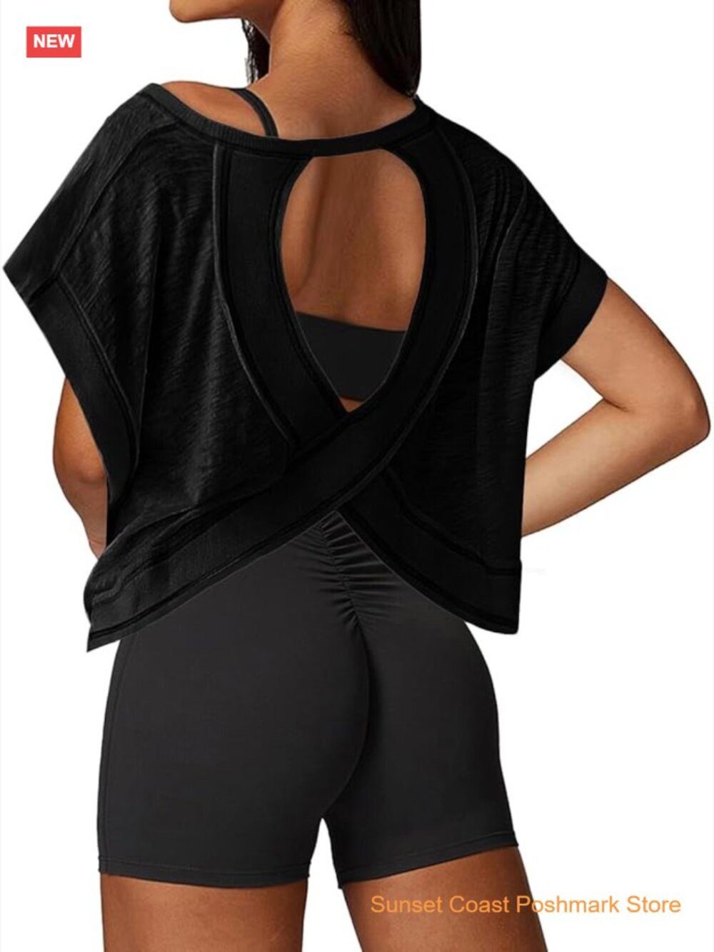 Open Back Loose Fit Athletic Crop Tee Short Sleeve Gym Running Yoga Shirt